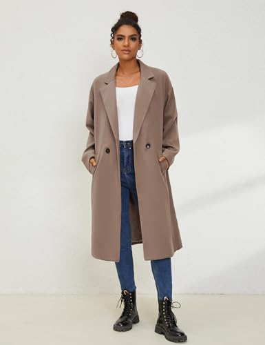 UANEO Women's Wool Blend Coat Oversized Double Breasted Long Trench Overcoat Winter(Taupe-M)