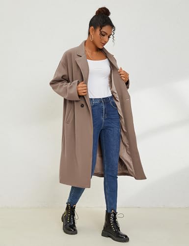 UANEO Women's Wool Blend Coat Oversized Double Breasted Long Trench Overcoat Winter(Taupe-M)