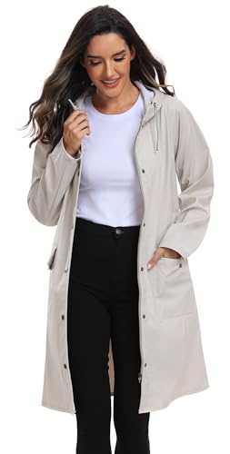 UNIQUEBELLA Women Long Trench Coat Single-Breasted Windproof Classic Overcoat Belted Slim Outerwear Coat with Belt & Hood（Beige）