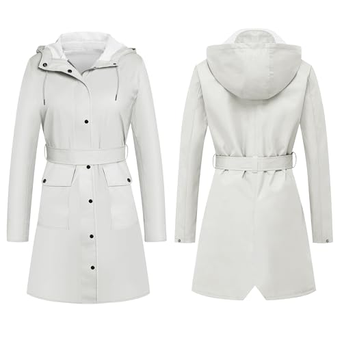 UNIQUEBELLA Women Long Trench Coat Single-Breasted Windproof Classic Overcoat Belted Slim Outerwear Coat with Belt & Hood（Beige）