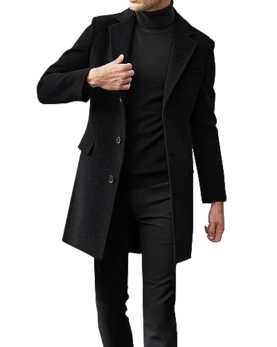 Beotyshow Mens Single Breasted Trench Coat Winter Pea Coat Notch Lapel Long Casual Overcoat