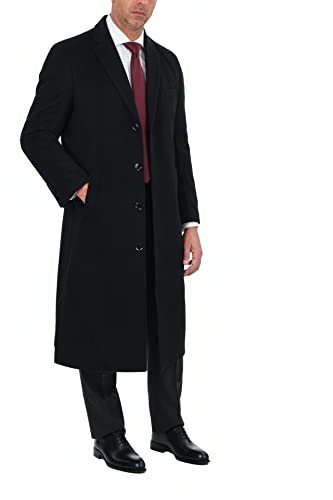 The Suit Depot Mens Regular Fit Solid Black Full Length Wool Cashmere Overcoat Top Coat 42R