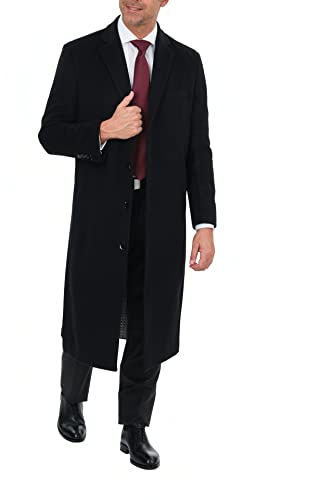 The Suit Depot Mens Regular Fit Solid Black Full Length Wool Cashmere Overcoat Top Coat 42R