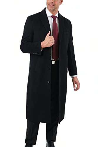 The Suit Depot Mens Regular Fit Solid Black Full Length Wool Cashmere Overcoat Top Coat 42R