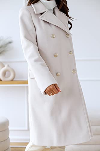 chouyatou Women's Winter Lapel Double Breasted Office Work Long Wool Pea Coat Overcoat (Medium, White)