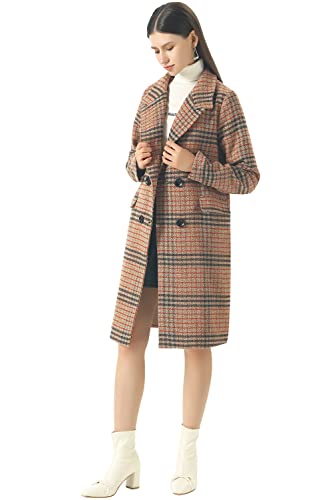CHARTOU Women's Winter Oversize Lapel Collar Woolen Plaid Double Breasted Long Peacoat Jacket (X-Large, Camel)