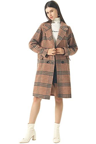 CHARTOU Women's Winter Oversize Lapel Collar Woolen Plaid Double Breasted Long Peacoat Jacket (X-Large, Camel)