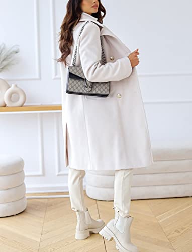 chouyatou Women's Winter Lapel Double Breasted Office Work Long Wool Pea Coat Overcoat (Medium, White)