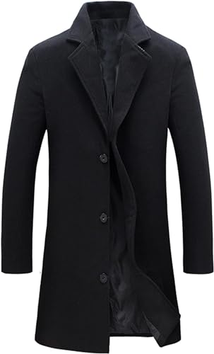 Springrain Men's Wool Blend Pea Coat Notched Collar Single Breasted Overcoat Warm Winter Trench Coat(Black-L)