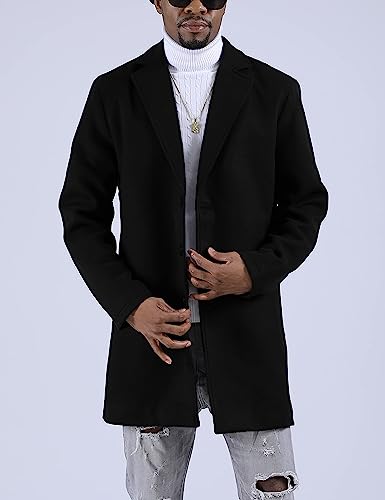 Springrain Men's Wool Blend Pea Coat Notched Collar Single Breasted Overcoat Warm Winter Trench Coat(Black-L)