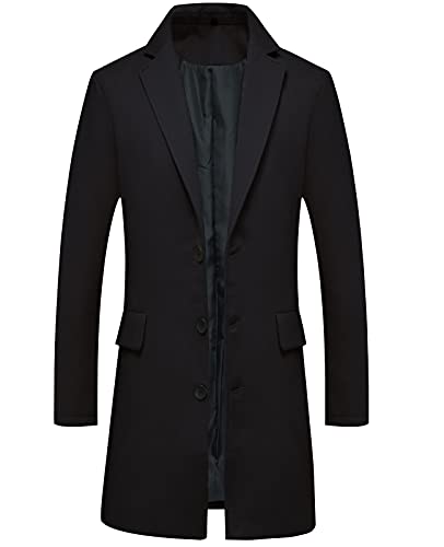 Lisskolo Men's Classic Wool Trench Overcoat Single Breasted Mid Long Wool Blend Top Pea Coats Jackets Black 2XL