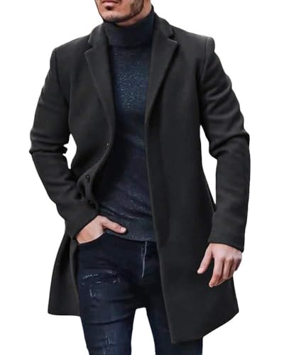 PASLTER Mens Trench Coat Slim Fit Notched Collar Fall Winter Single Breasted Pea Coat Warm Soft Overcoat