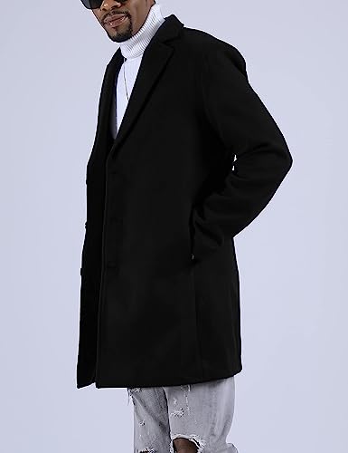 Springrain Men's Wool Blend Pea Coat Notched Collar Single Breasted Overcoat Warm Winter Trench Coat(Black-L)