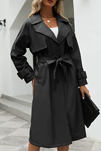 Bellivera Women Trench Coat Long Jacket Faux Leather Classic Lapel Belt Loose Overcoat 2225 Black XL