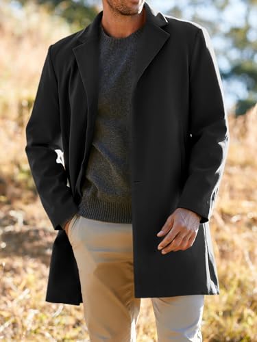 PASLTER Mens Trench Coat Slim Fit Notched Collar Fall Winter Single Breasted Pea Coat Warm Soft Overcoat