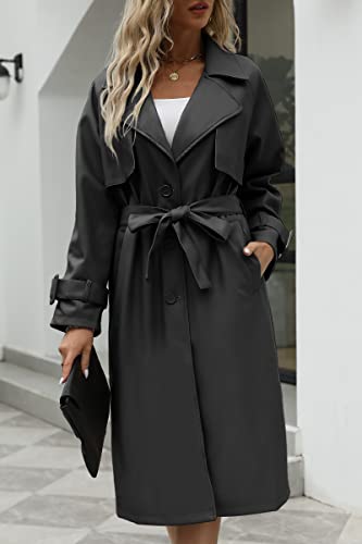 Bellivera Women Trench Coat Long Jacket Faux Leather Classic Lapel Belt Loose Overcoat 2225 Black XL