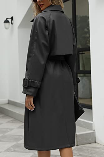 Bellivera Women Trench Coat Long Jacket Faux Leather Classic Lapel Belt Loose Overcoat 2225 Black XL