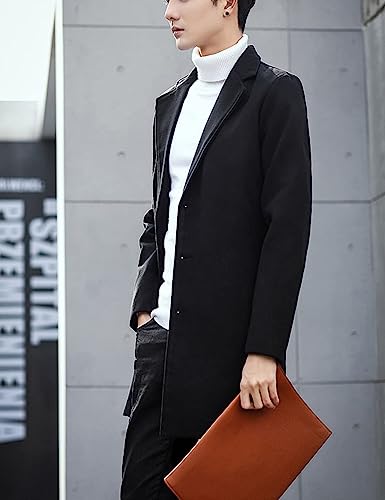 Springrain Men's Wool Blend Pea Coat Notched Collar Single Breasted Overcoat Warm Winter Trench Coat(Black-L)