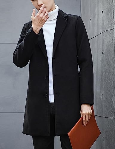 Springrain Men's Wool Blend Pea Coat Notched Collar Single Breasted Overcoat Warm Winter Trench Coat(Black-L)