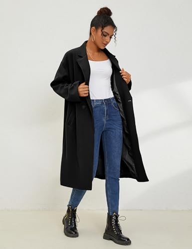 UANEO Women's Wool Blend Coat Oversized Double Breasted Long Trench Overcoat Winter (Black-XXL)