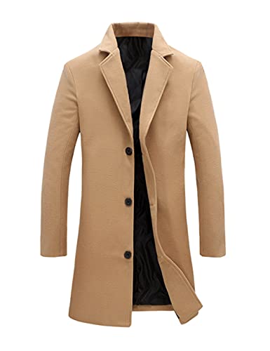 Tanming Mens Black Trench Coat Notched Lapel Single Breasted Long Peacoat Overcoat (Khaki-L)