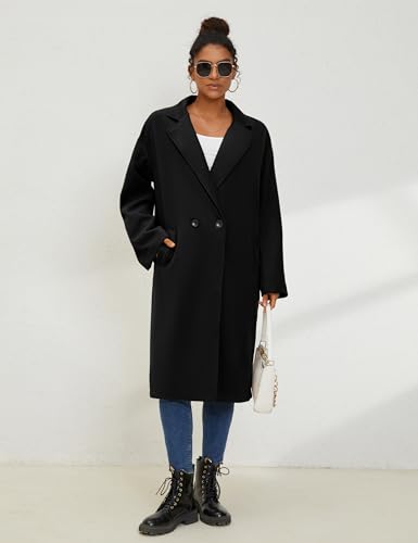 UANEO Women's Wool Blend Coat Oversized Double Breasted Long Trench Overcoat Winter (Black-XXL)