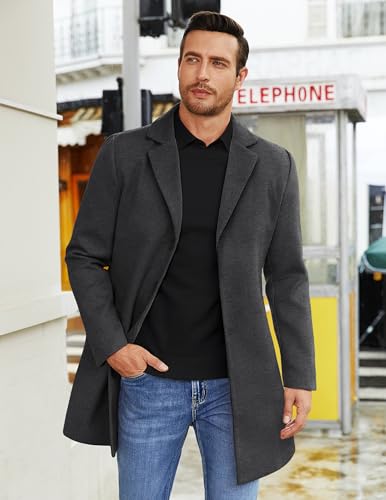 COOFANDY Men's Winter Coats Grey Lapel Collar Trench Coats Men Slim Fit Mid Long Overcoat Regular Fit Soft Woolen Coat Dark Grey M