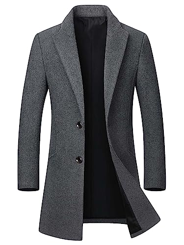 DOINLINE Men's Winter Coat Trench Overcoat Wool Blend Casual Single Breasted Mid-Long Pea Top Jacket Gray L