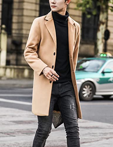 Tanming Mens Black Trench Coat Notched Lapel Single Breasted Long Peacoat Overcoat (Khaki-L)