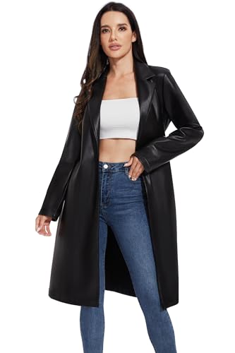 Fahsyee Women's Faux Leather Trench Coat, Motorcycle Jackets PU Moto Biker Outwear Fitted Slim Coat Black Size M