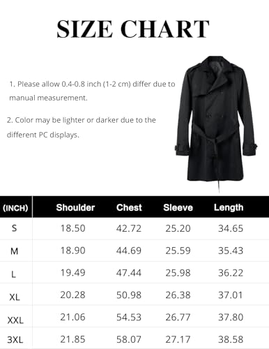 Gafeng Men's Trench Coat Slim fit Double Breasted Belted Windbreaker Lapel Long Jacket Casual Windproof Overcoat 3X-Large