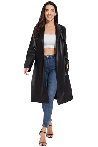 Fahsyee Women's Faux Leather Trench Coat, Motorcycle Jackets PU Moto Biker Outwear Fitted Slim Coat Black Size M