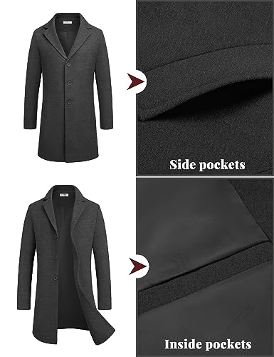COOFANDY Men's Winter Coats Grey Lapel Collar Trench Coats Men Slim Fit Mid Long Overcoat Regular Fit Soft Woolen Coat Dark Grey M