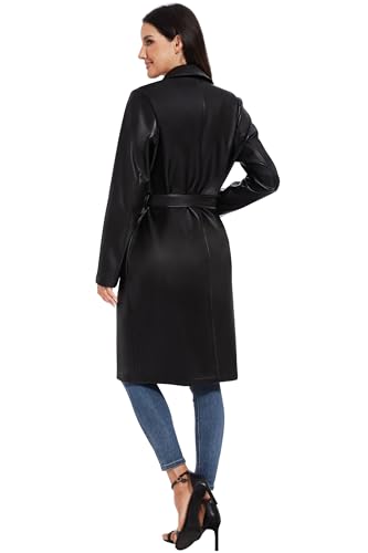 Fahsyee Women's Faux Leather Trench Coat, Motorcycle Jackets PU Moto Biker Outwear Fitted Slim Coat Black Size M