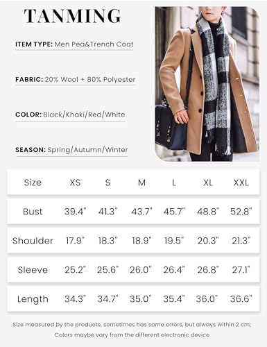 Tanming Mens Black Trench Coat Notched Lapel Single Breasted Long Peacoat Overcoat (Khaki-L)