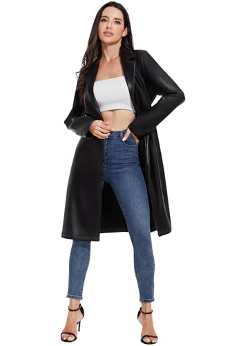 Fahsyee Women's Faux Leather Trench Coat, Motorcycle Jackets PU Moto Biker Outwear Fitted Slim Coat Black Size M