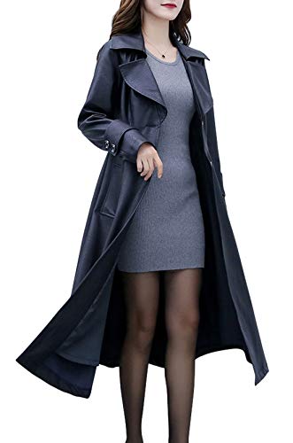 ebossy Women's Elegant Lapel Collar 2 Button Fit-Flare Pu Leather Long Trench Coat (Medium, Black)