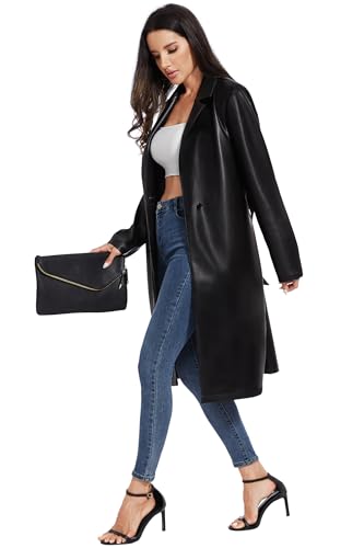 Fahsyee Women's Faux Leather Trench Coat, Motorcycle Jackets PU Moto Biker Outwear Fitted Slim Coat Black Size M