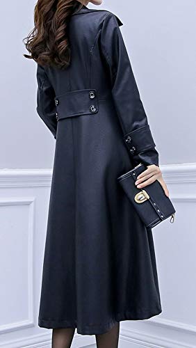 ebossy Women's Elegant Lapel Collar 2 Button Fit-Flare Pu Leather Long Trench Coat (Medium, Black)