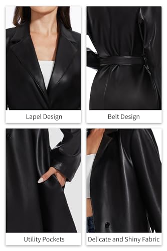 Fahsyee Women's Faux Leather Trench Coat, Motorcycle Jackets PU Moto Biker Outwear Fitted Slim Coat Black Size M