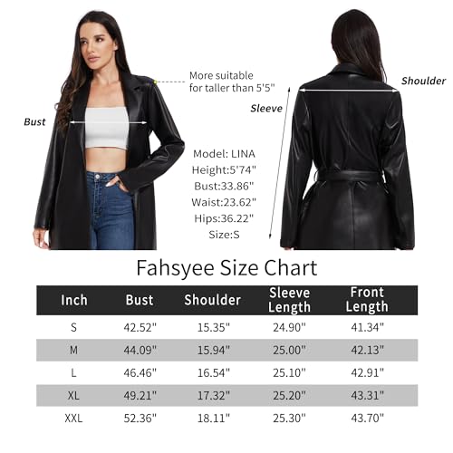 Fahsyee Women's Faux Leather Trench Coat, Motorcycle Jackets PU Moto Biker Outwear Fitted Slim Coat Black Size M