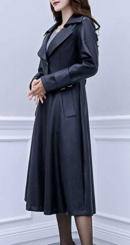 ebossy Women's Elegant Lapel Collar 2 Button Fit-Flare Pu Leather Long Trench Coat (Medium, Black)
