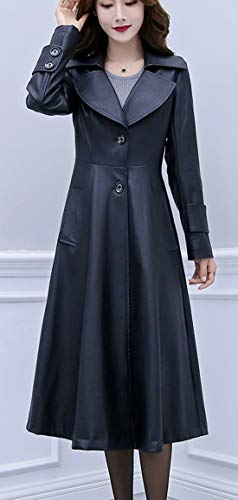 ebossy Women's Elegant Lapel Collar 2 Button Fit-Flare Pu Leather Long Trench Coat (Medium, Black)