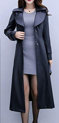 ebossy Women's Elegant Lapel Collar 2 Button Fit-Flare Pu Leather Long Trench Coat (Medium, Black)