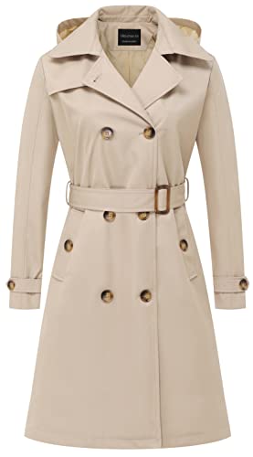 CREATMO US Womens Mid Length Trench Coat with Hood Double-Breasted Long Classic Lapel Overcoat Slim Outerwear Waterproof Belt Buckle Khaki XS