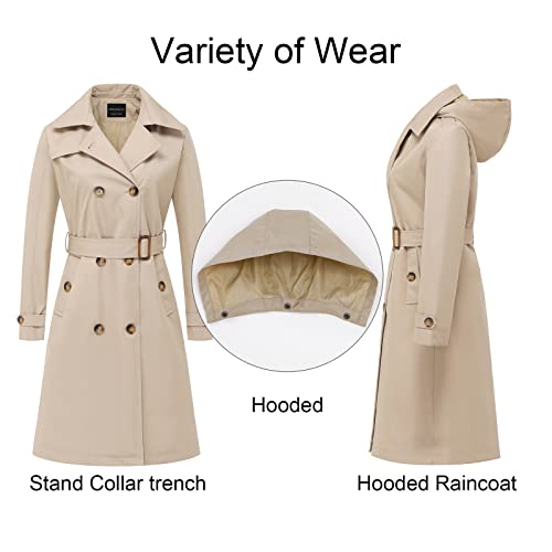 CREATMO US Womens Mid Length Trench Coat with Hood Double-Breasted Long Classic Lapel Overcoat Slim Outerwear Waterproof Belt Buckle Khaki XS