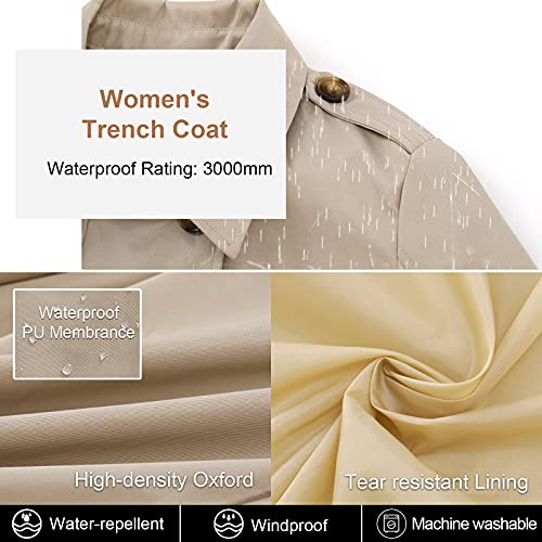 CREATMO US Womens Mid Length Trench Coat with Hood Double-Breasted Long Classic Lapel Overcoat Slim Outerwear Waterproof Belt Buckle Khaki XS