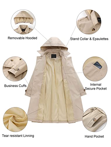 CREATMO US Womens Mid Length Trench Coat with Hood Double-Breasted Long Classic Lapel Overcoat Slim Outerwear Waterproof Belt Buckle Khaki XS