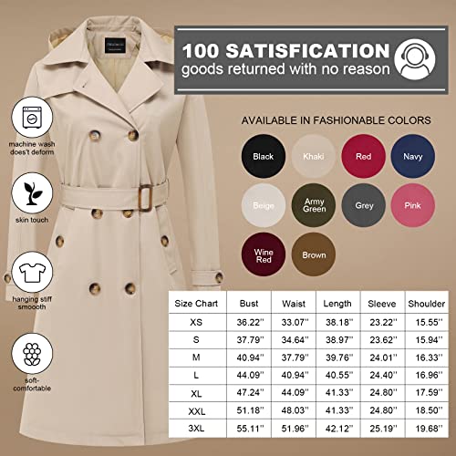 CREATMO US Womens Mid Length Trench Coat with Hood Double-Breasted Long Classic Lapel Overcoat Slim Outerwear Waterproof Belt Buckle Khaki XS