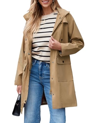Women's Waterproof Rain Jacket Lightweight Raincoat Hooded Windbreaker Trench Coat (Camel, XX-Large)